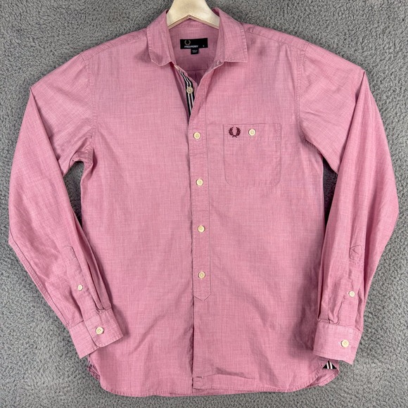 Fred Perry Shirt Men Small Long Sleeve Button Up Pocket Classic Pink Dress Shirt - Picture 1 of 12
